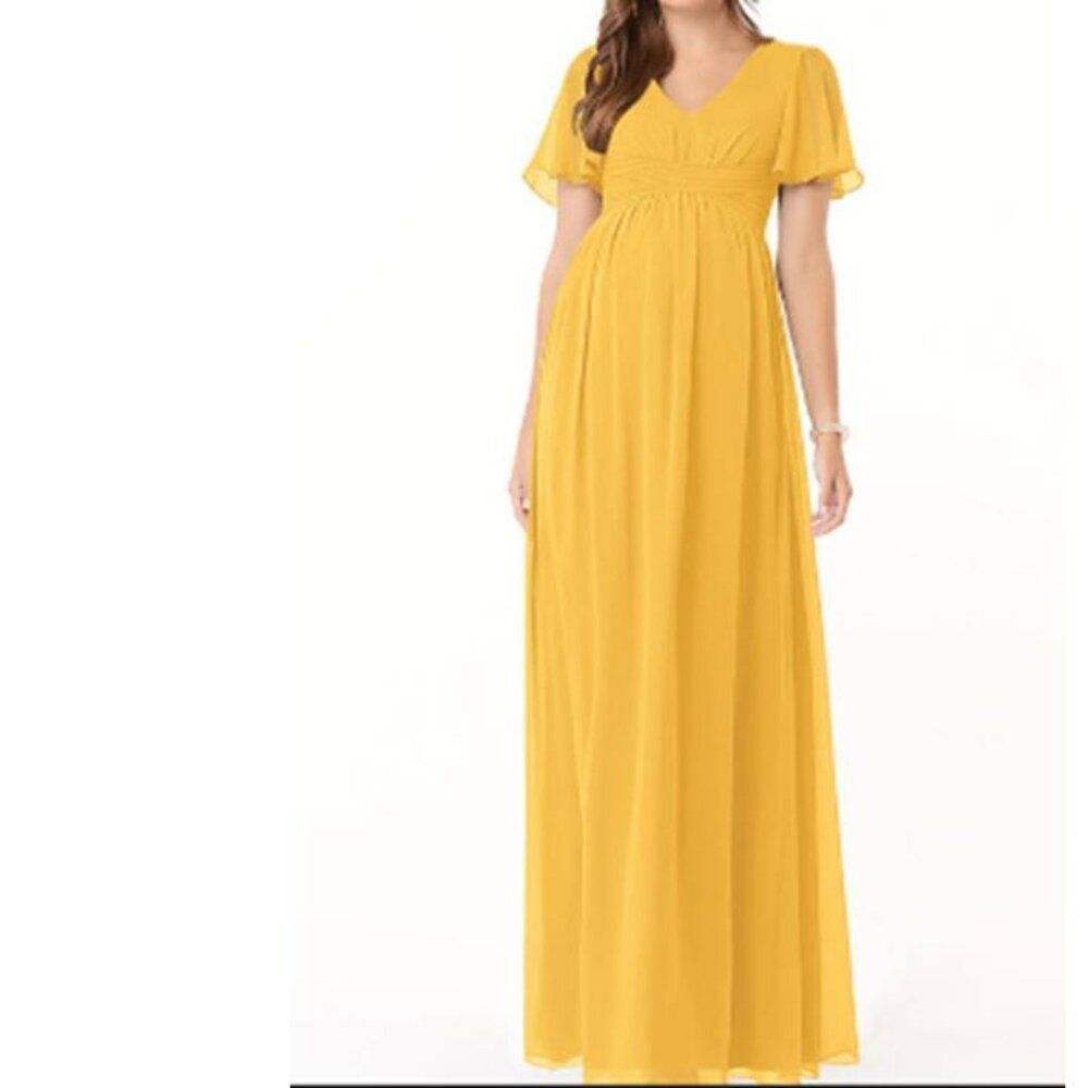 Azazie Verna Maternity Chiffon Maxi Dress Elegant Party Marigold Size 4